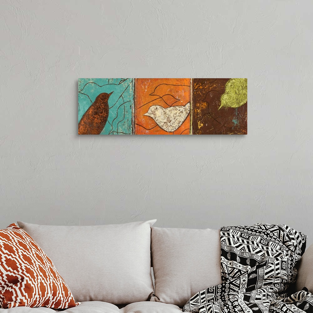 A bohemian room featuring Abstract painting on a panoramic canvas of three different blocks of color with birds stenciled o...