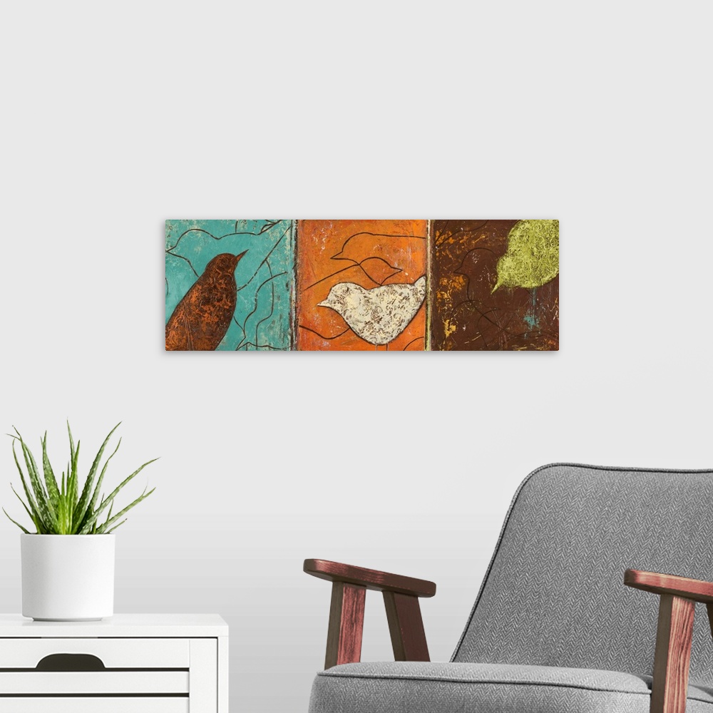 A modern room featuring Abstract painting on a panoramic canvas of three different blocks of color with birds stenciled o...