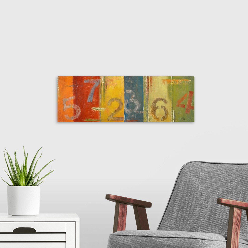 A modern room featuring Landscape artwork on a large wall hanging of  six different single digit numbers, roughly painted...