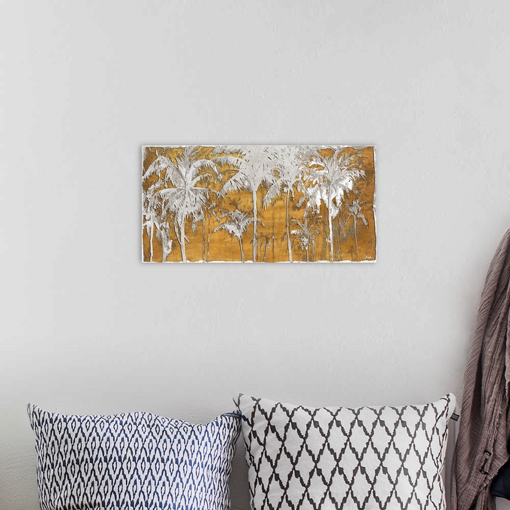 A bohemian room featuring Silver palm trees on a gold background.