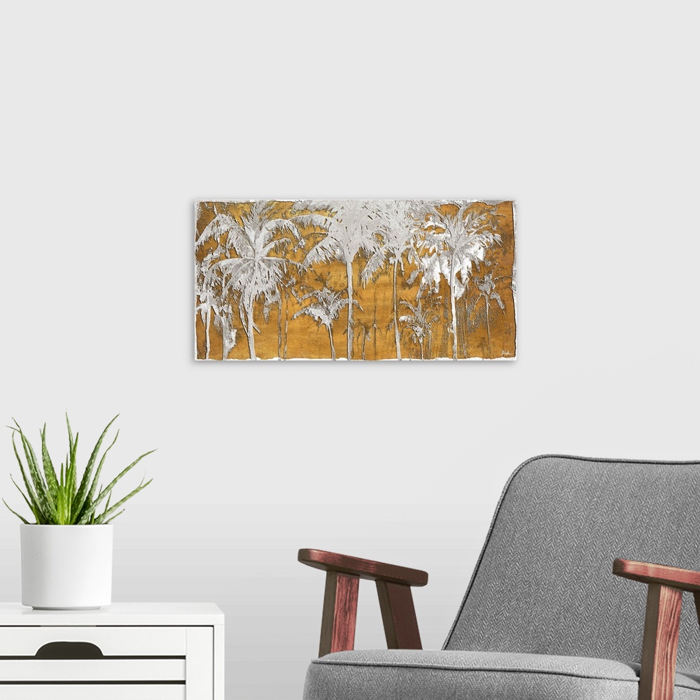 A modern room featuring Silver palm trees on a gold background.