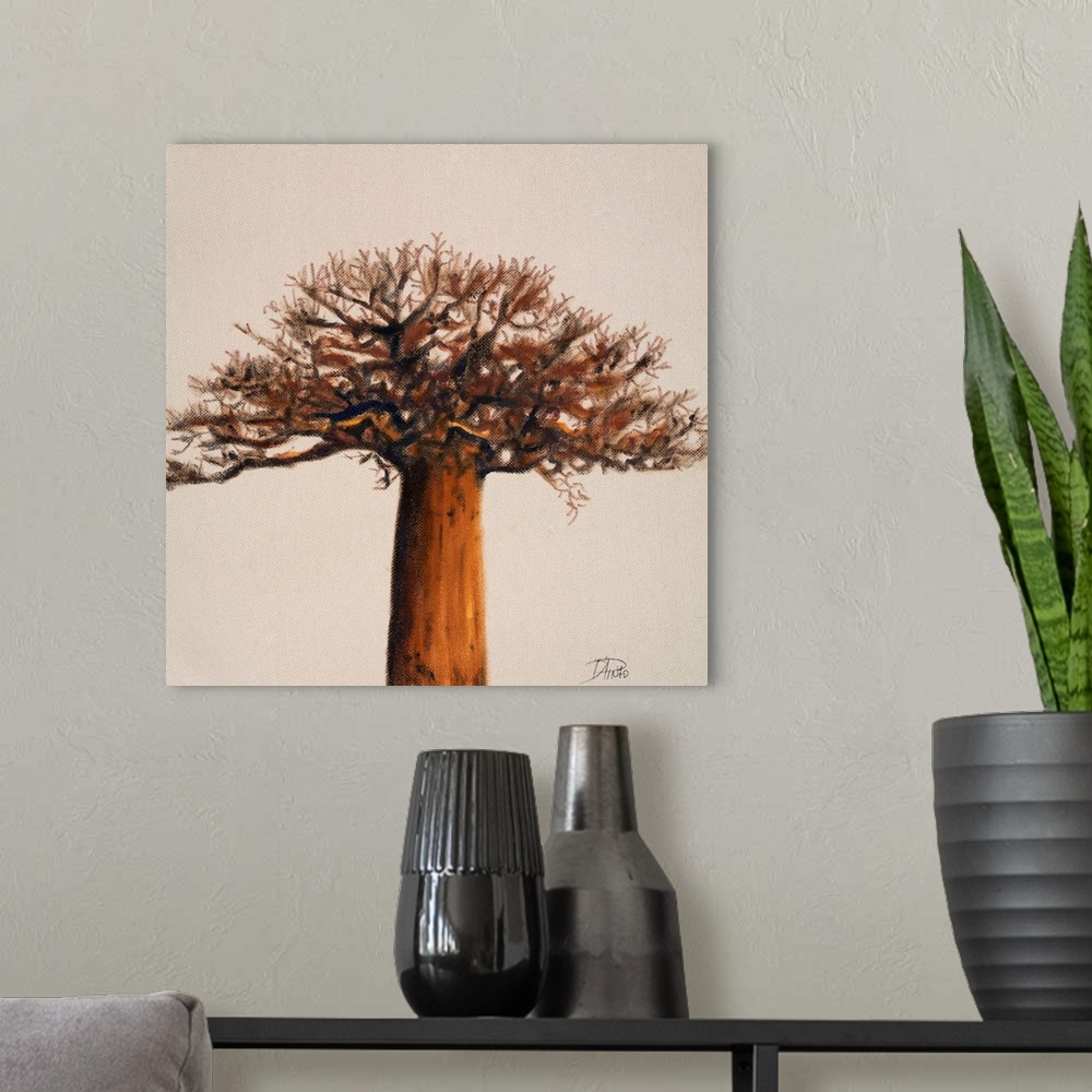 A modern room featuring Decorative artwork of a large baobab tree against a neutral background.