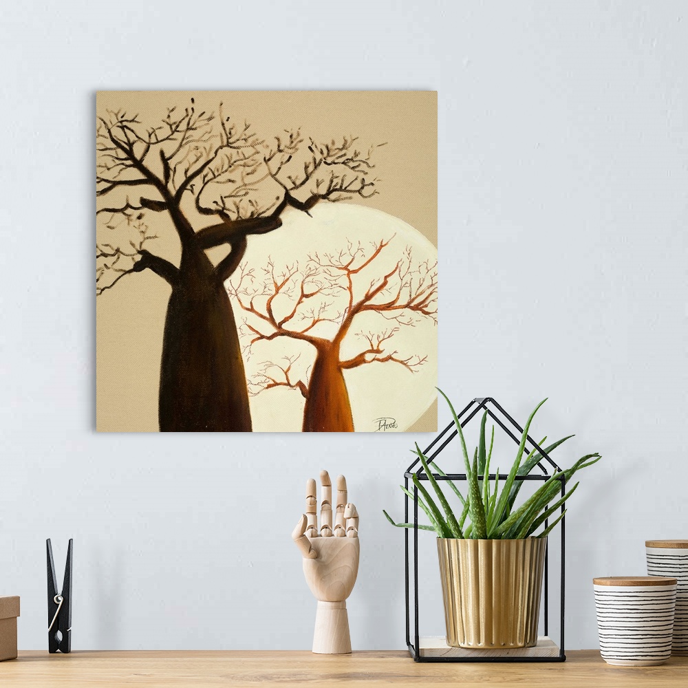 A bohemian room featuring Decorative artwork of two large baobab trees against a neutral background.