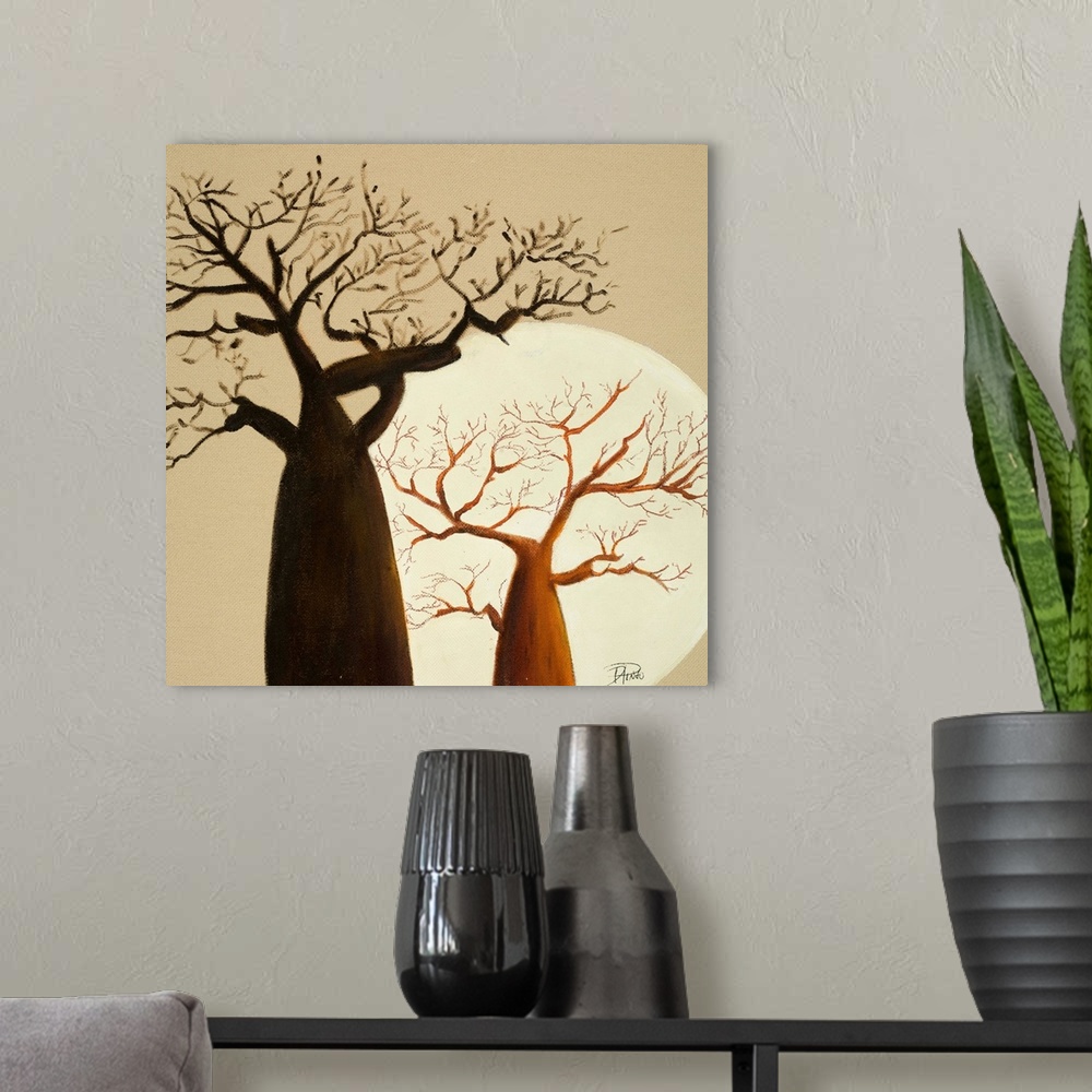 A modern room featuring Decorative artwork of two large baobab trees against a neutral background.