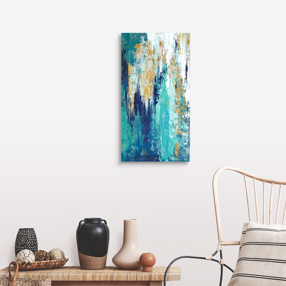A farmhouse room featuring Tall abstract painting with long vertical brushstrokes of color in shades of blue with some white...