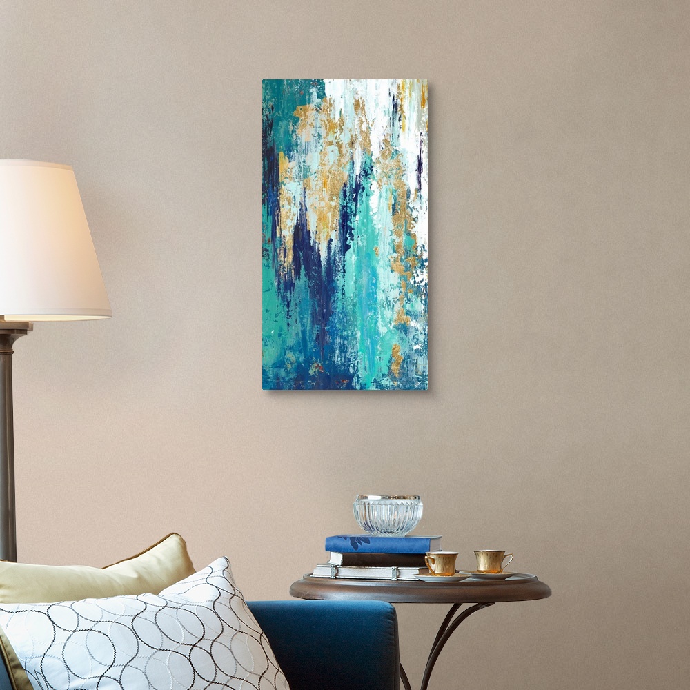 A traditional room featuring Tall abstract painting with long vertical brushstrokes of color in shades of blue with some white...