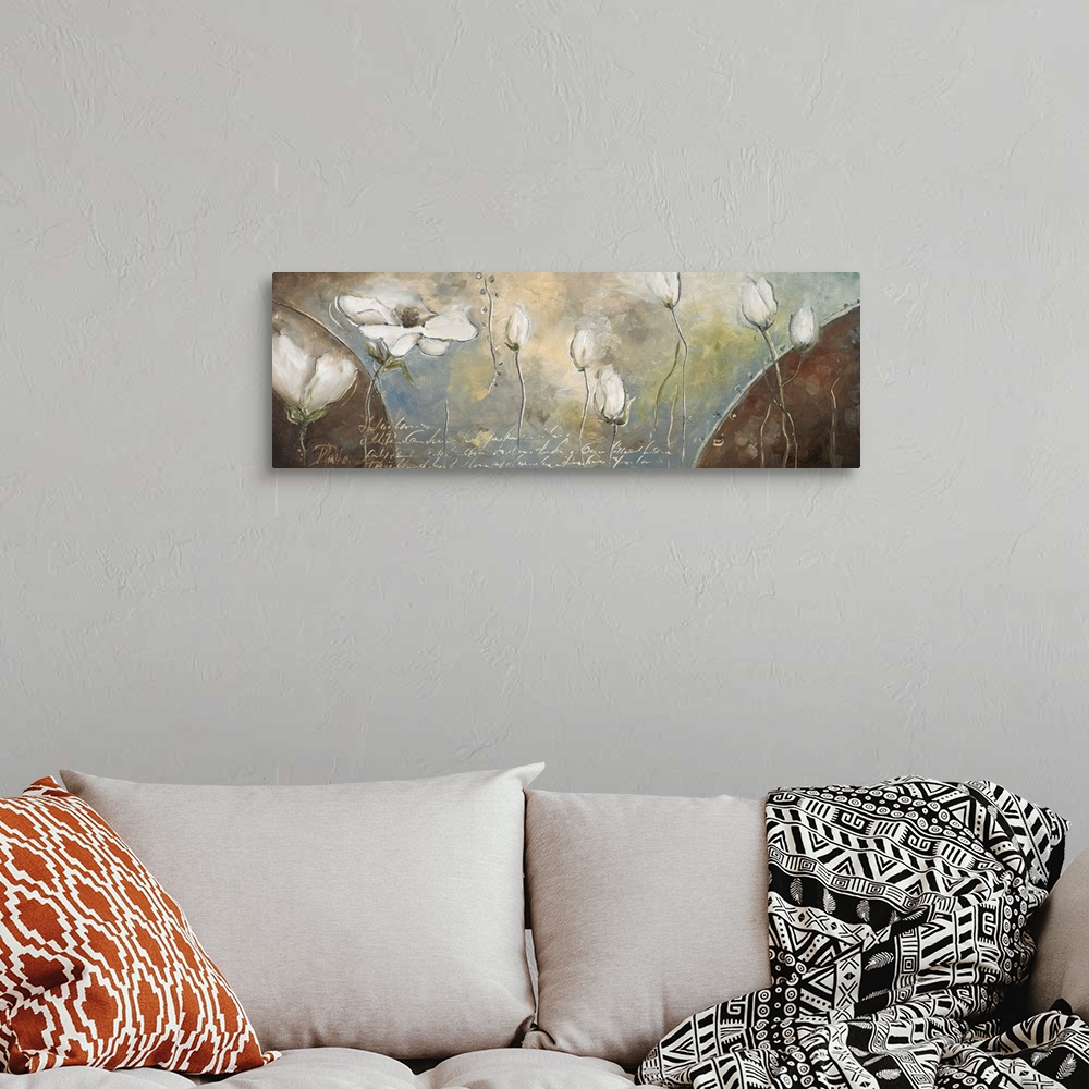 A bohemian room featuring Huge, horizontal home art docor of a line of white flowers in various sizes, floating horizontall...