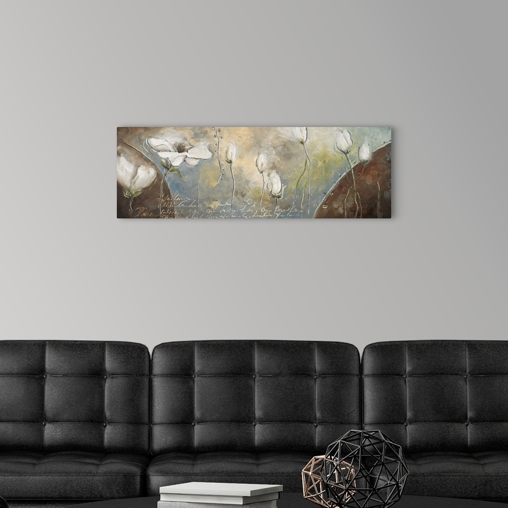 A modern room featuring Huge, horizontal home art docor of a line of white flowers in various sizes, floating horizontall...