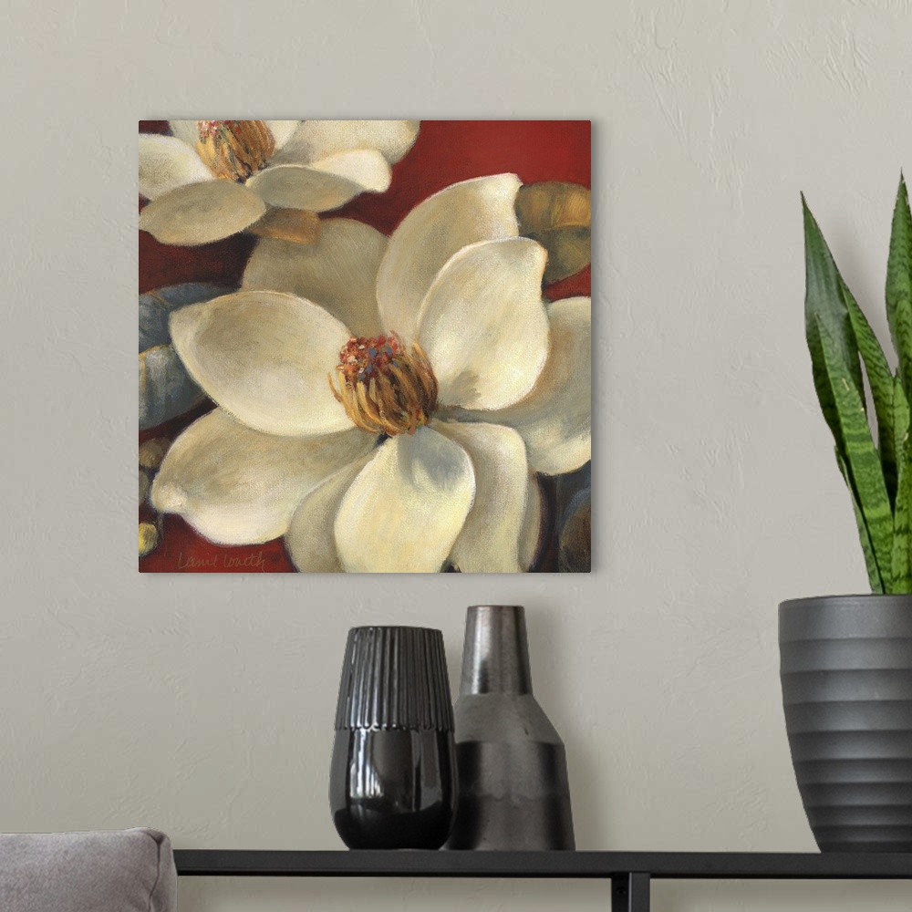 A modern room featuring Floral painting of several white magnolia flowers on a red background.