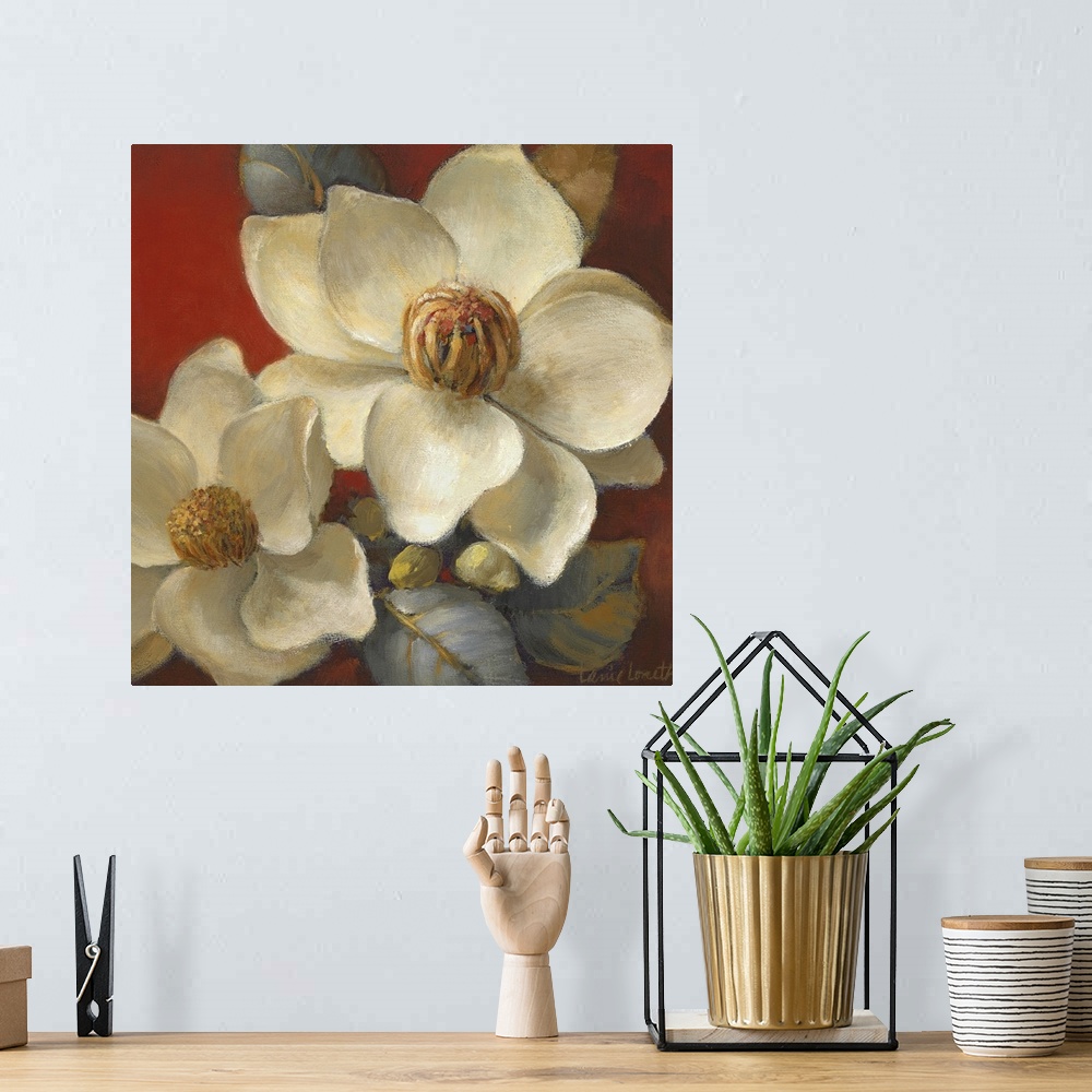 A bohemian room featuring Square painting on canvas of big flowers against a warm background.