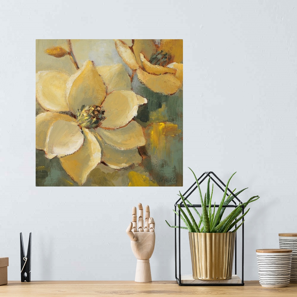 A bohemian room featuring Square, oversized home art docor of two large magnolias in full bloom.  Painted with rough brushs...