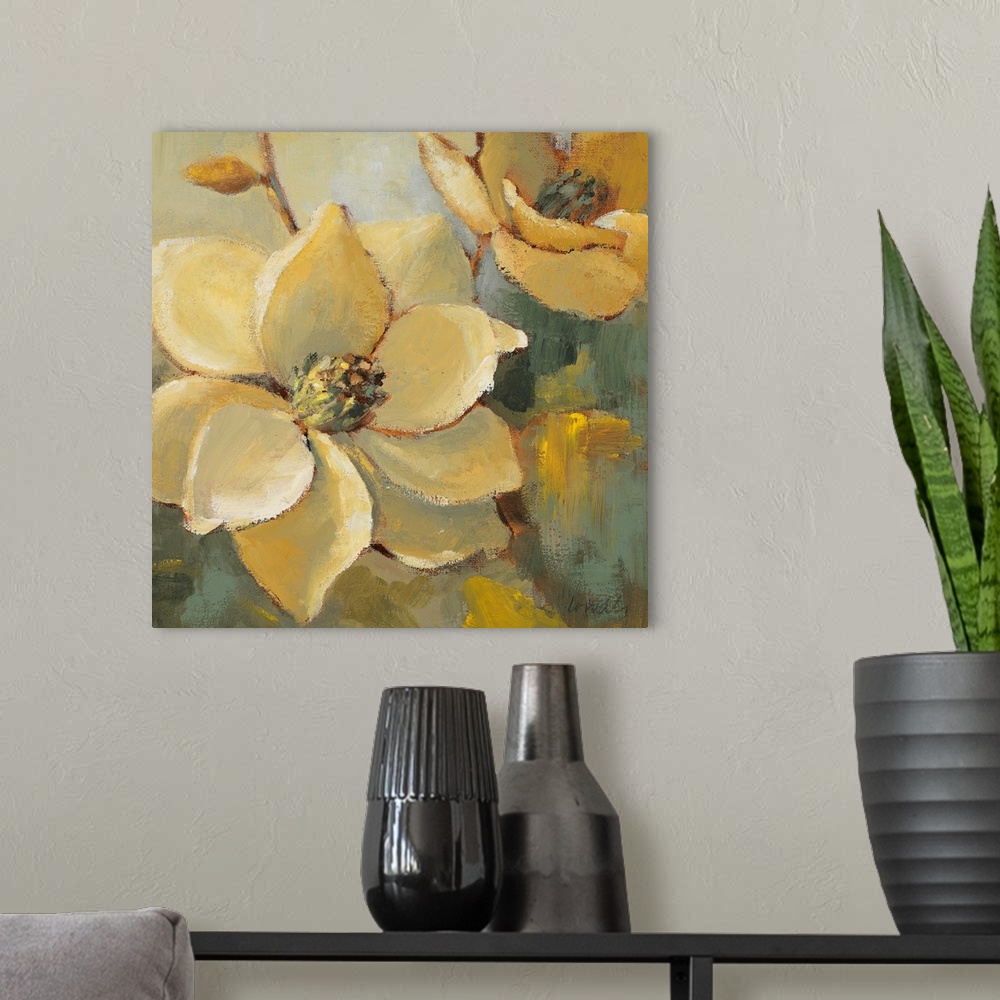 A modern room featuring Square, oversized home art docor of two large magnolias in full bloom.  Painted with rough brushs...