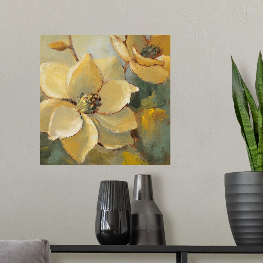 A modern room featuring Square, oversized home art docor of two large magnolias in full bloom.  Painted with rough brushs...