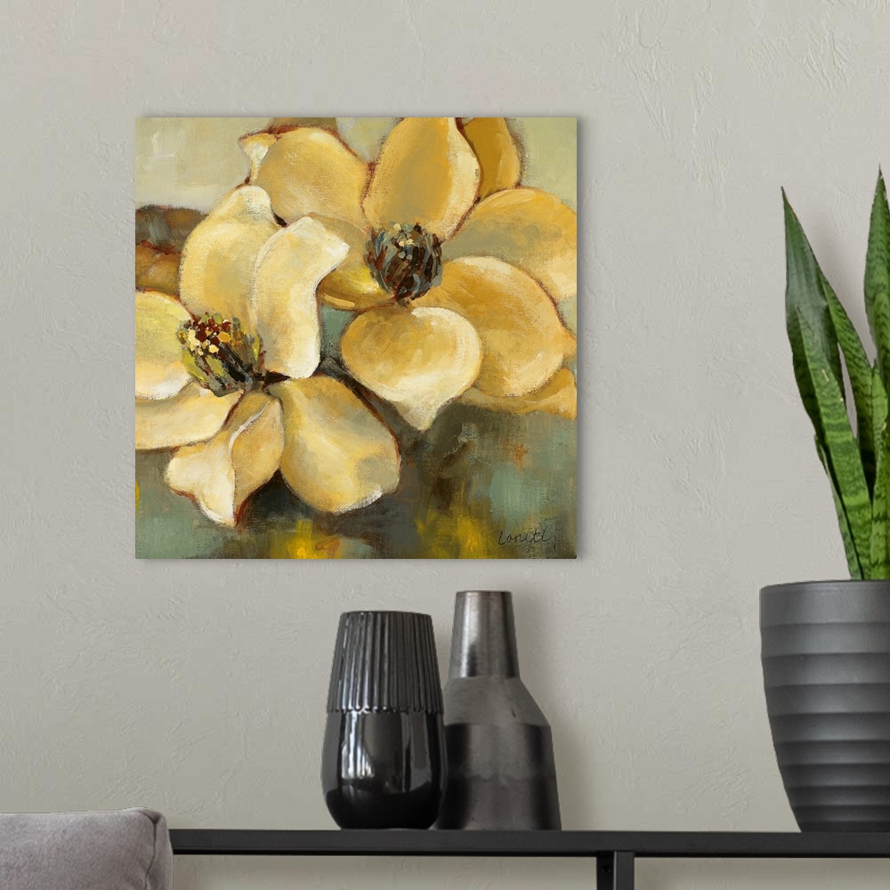 A modern room featuring Large wall picture of two magnolia flowers in a mixture of warm and neutral but overall relaxing ...