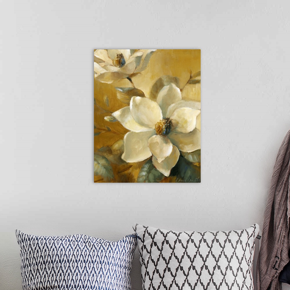 A bohemian room featuring A classic painting perfect for the home of white floras with large bulb centers. The background h...