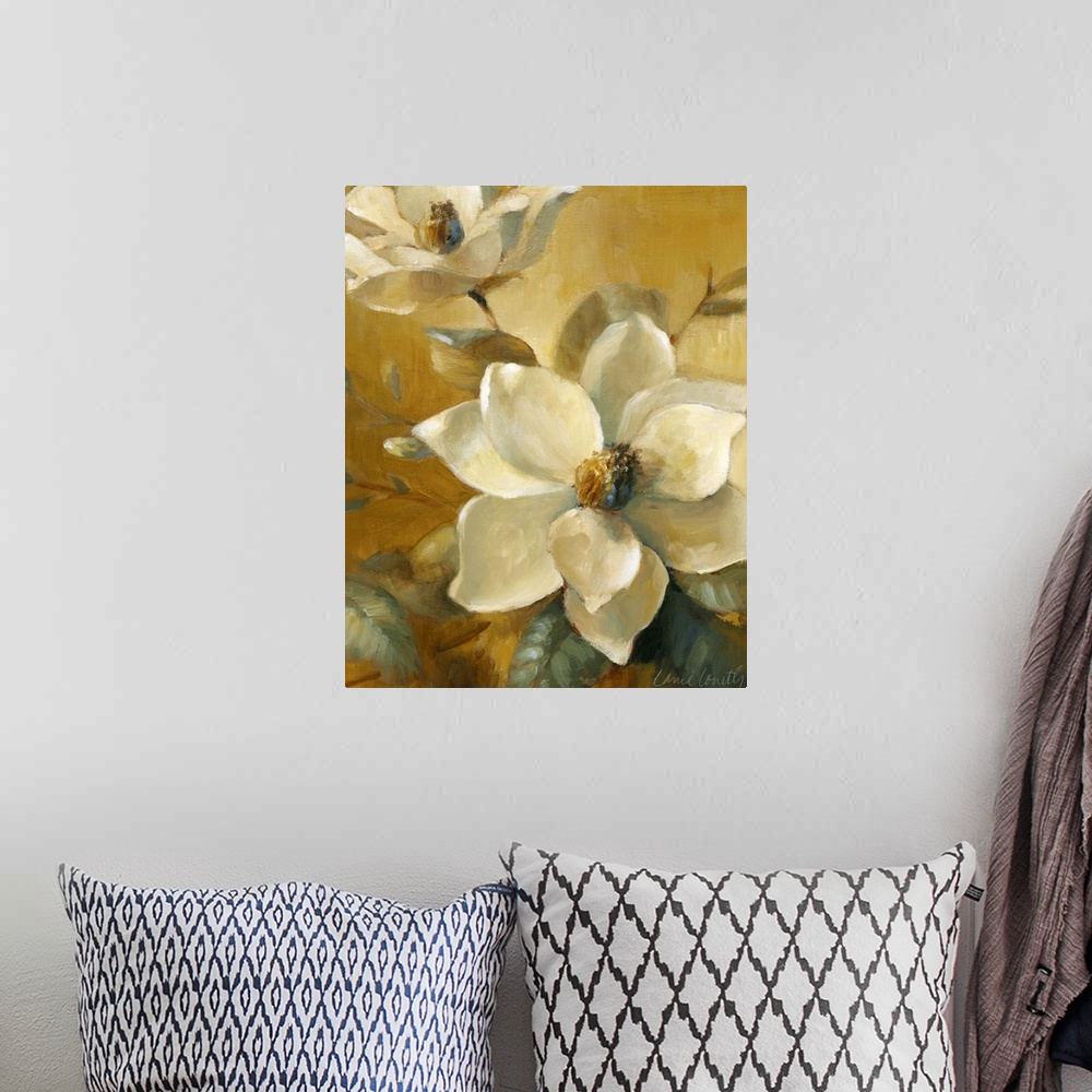 A bohemian room featuring A classic painting perfect for the home of white floras with large bulb centers. The background h...