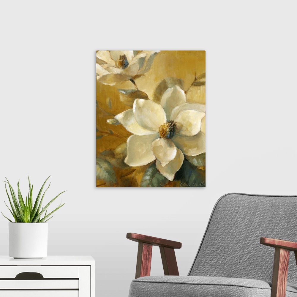 A modern room featuring A classic painting perfect for the home of white floras with large bulb centers. The background h...