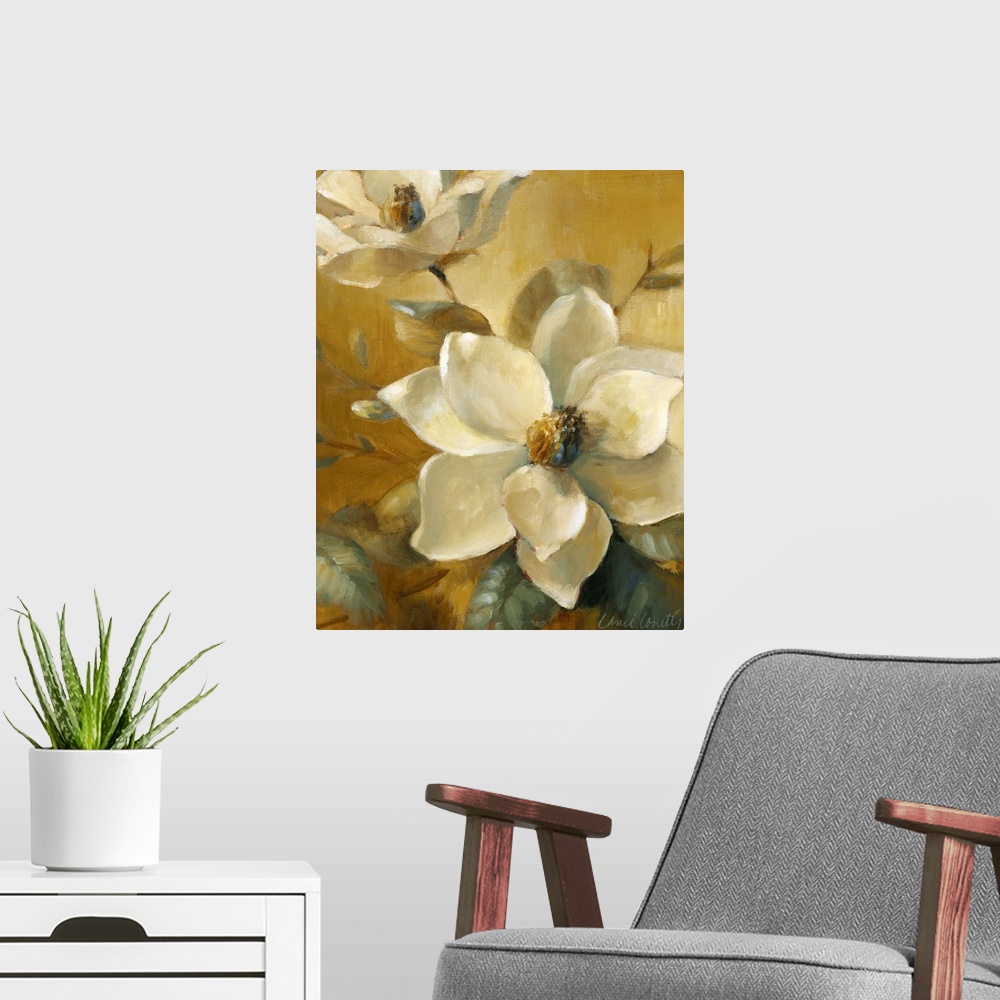 A modern room featuring A classic painting perfect for the home of white floras with large bulb centers. The background h...
