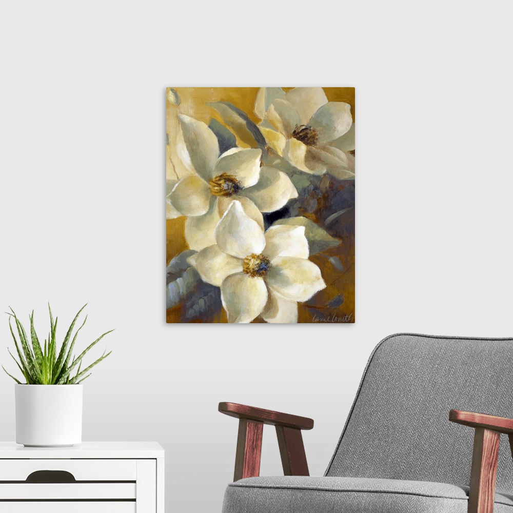 A modern room featuring Large, portrait floral painting of several blooming magnolias and their leaves, glowing in the ev...