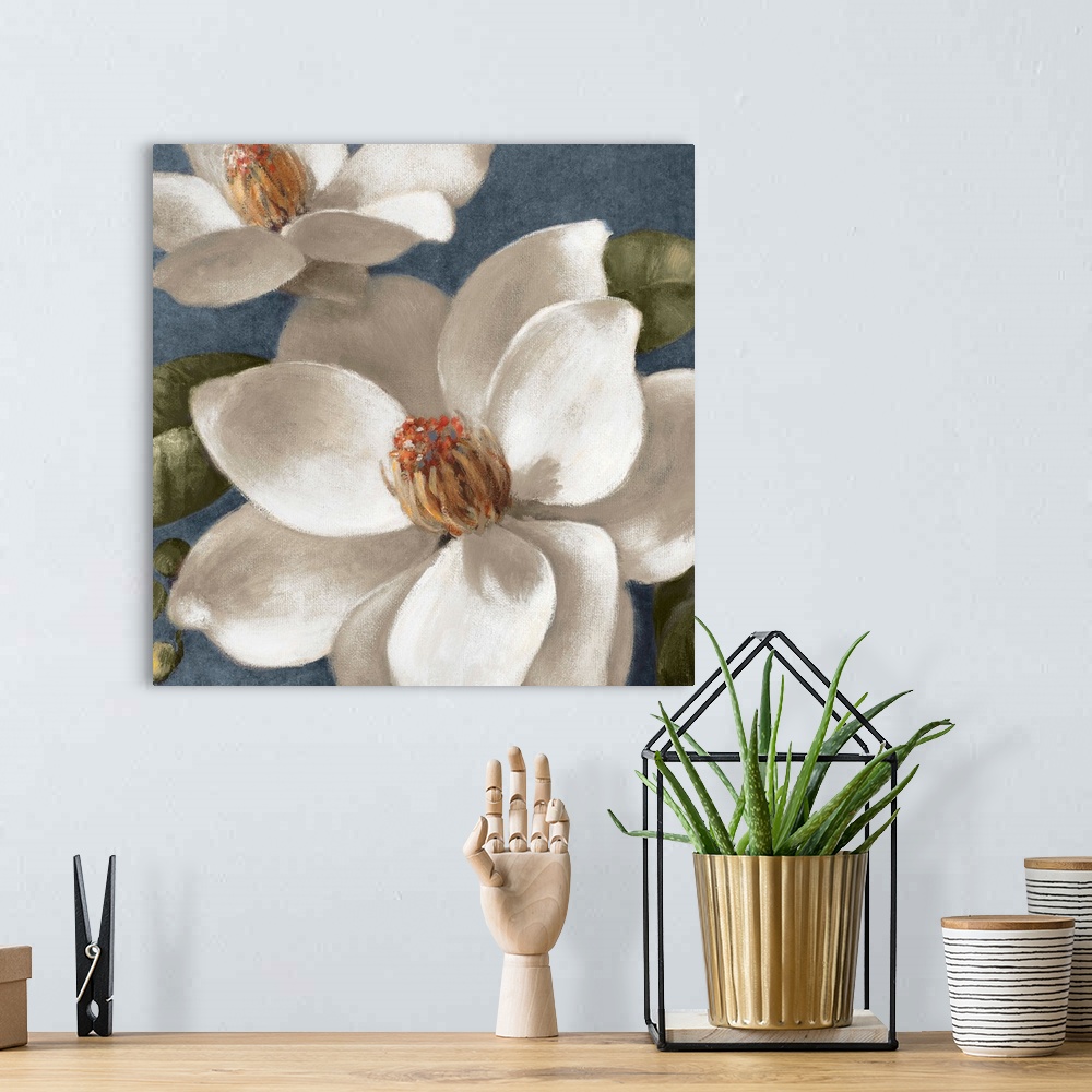 A bohemian room featuring Acrylic painting of two flowers with broad petals in full bloom backed by rounded leaves.