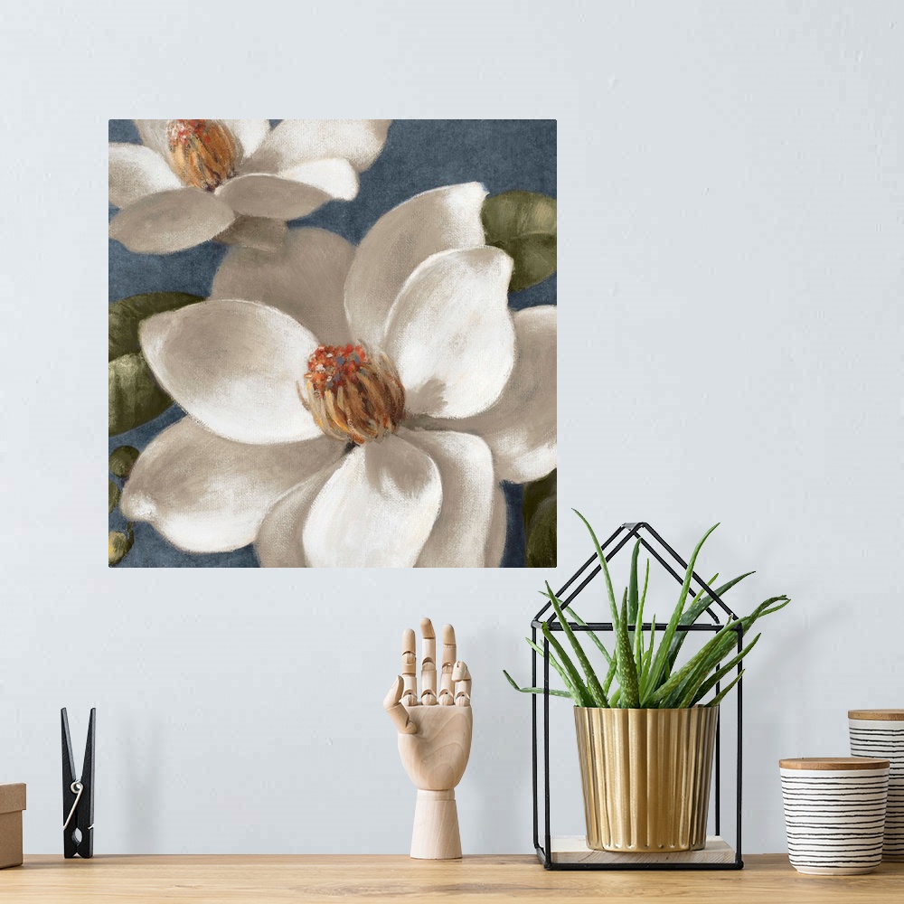 A bohemian room featuring Acrylic painting of two flowers with broad petals in full bloom backed by rounded leaves.