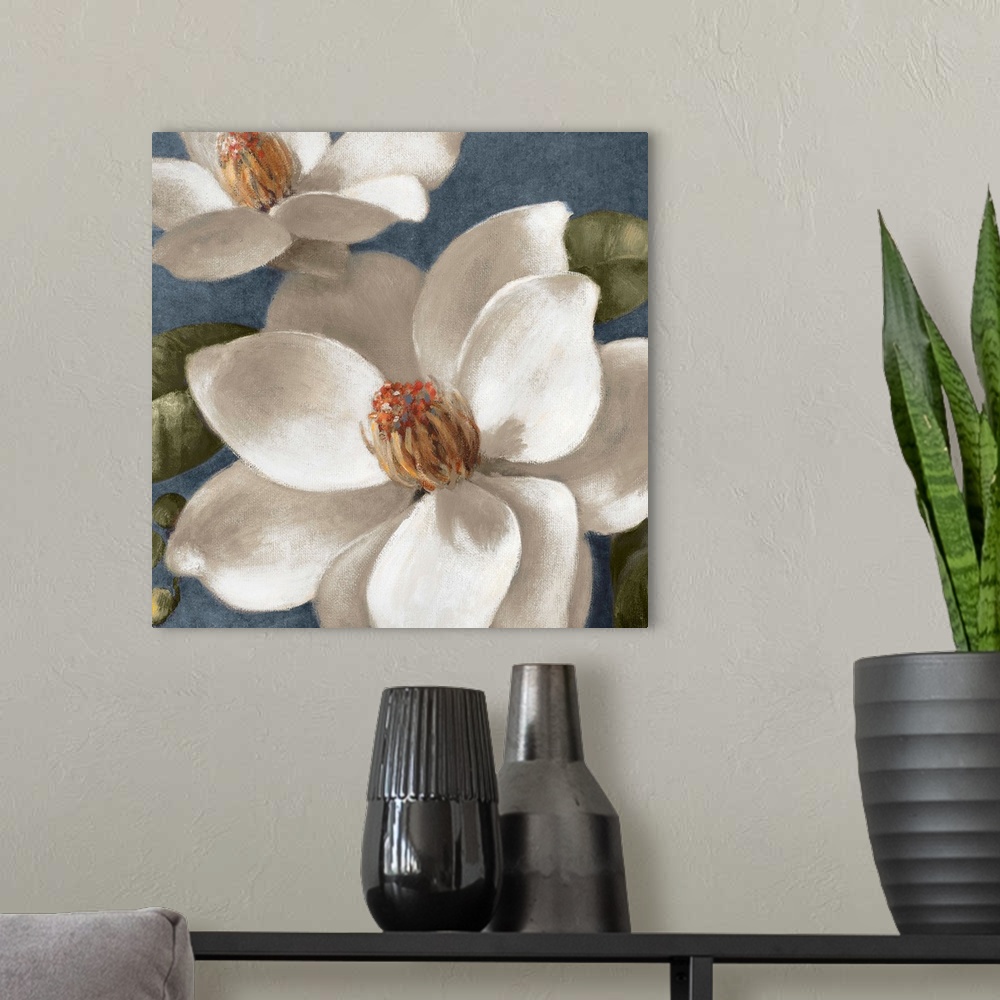 A modern room featuring Acrylic painting of two flowers with broad petals in full bloom backed by rounded leaves.