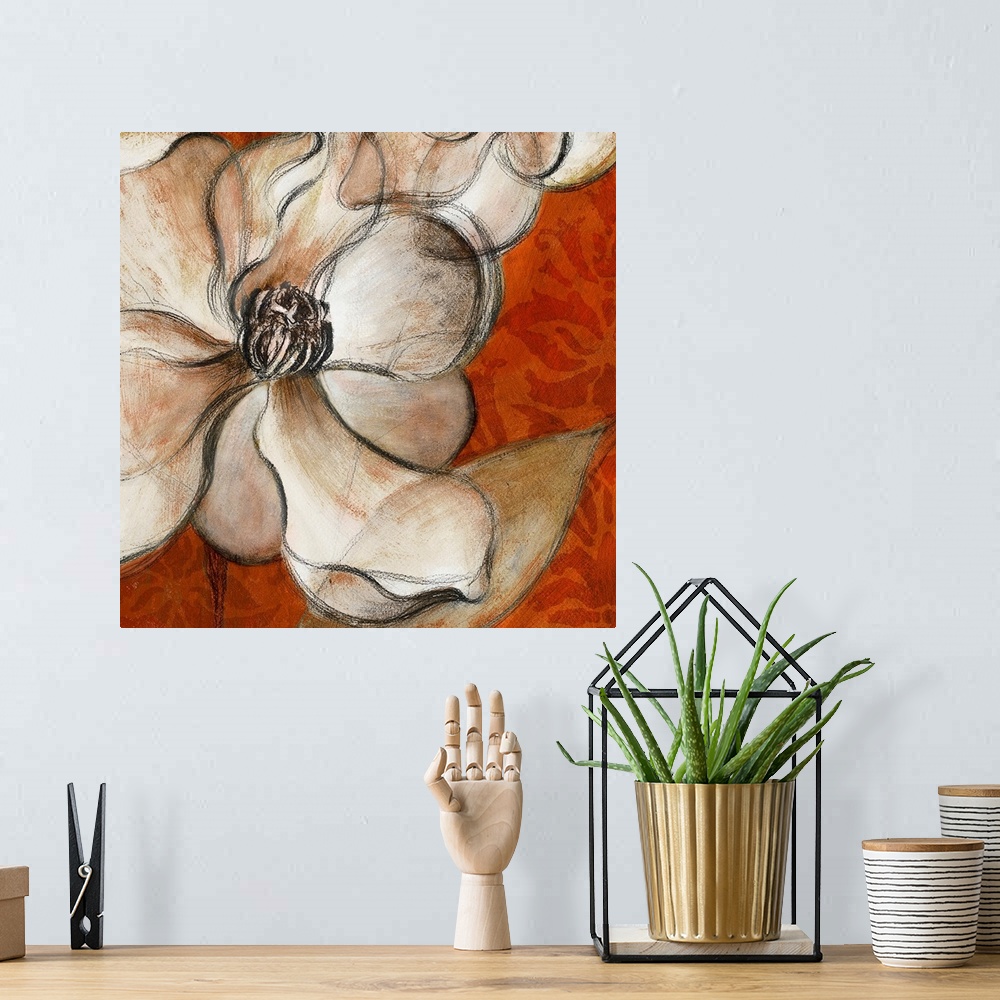 A bohemian room featuring Closeup painting of a blooming magnolia flower in neutral tones against a bright background.