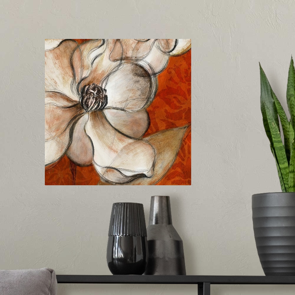 A modern room featuring Closeup painting of a blooming magnolia flower in neutral tones against a bright background.