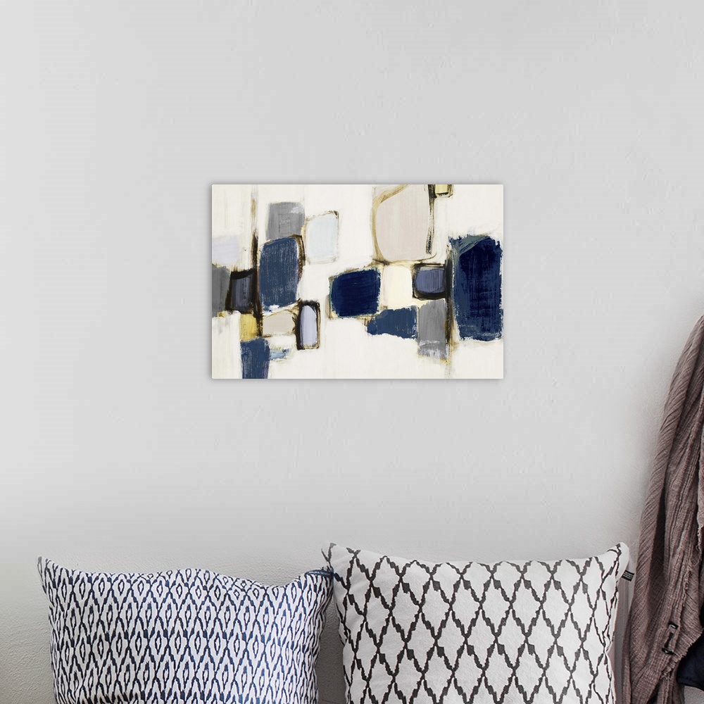 A bohemian room featuring Contemporary abstract art with dark blue shapes on light grey.