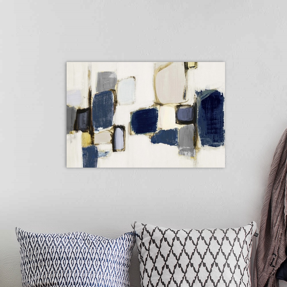 A bohemian room featuring Contemporary abstract art with dark blue shapes on light grey.