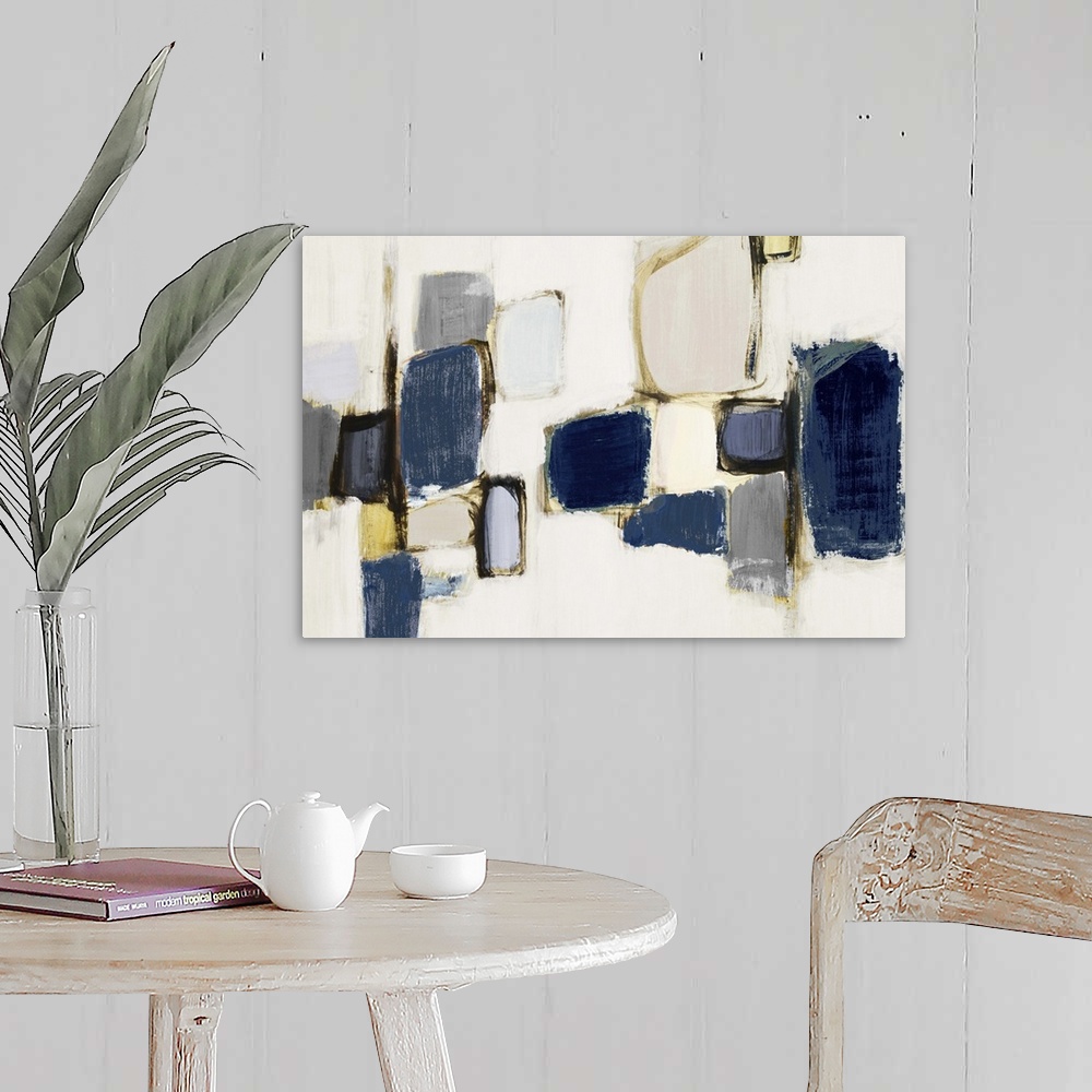 A farmhouse room featuring Contemporary abstract art with dark blue shapes on light grey.