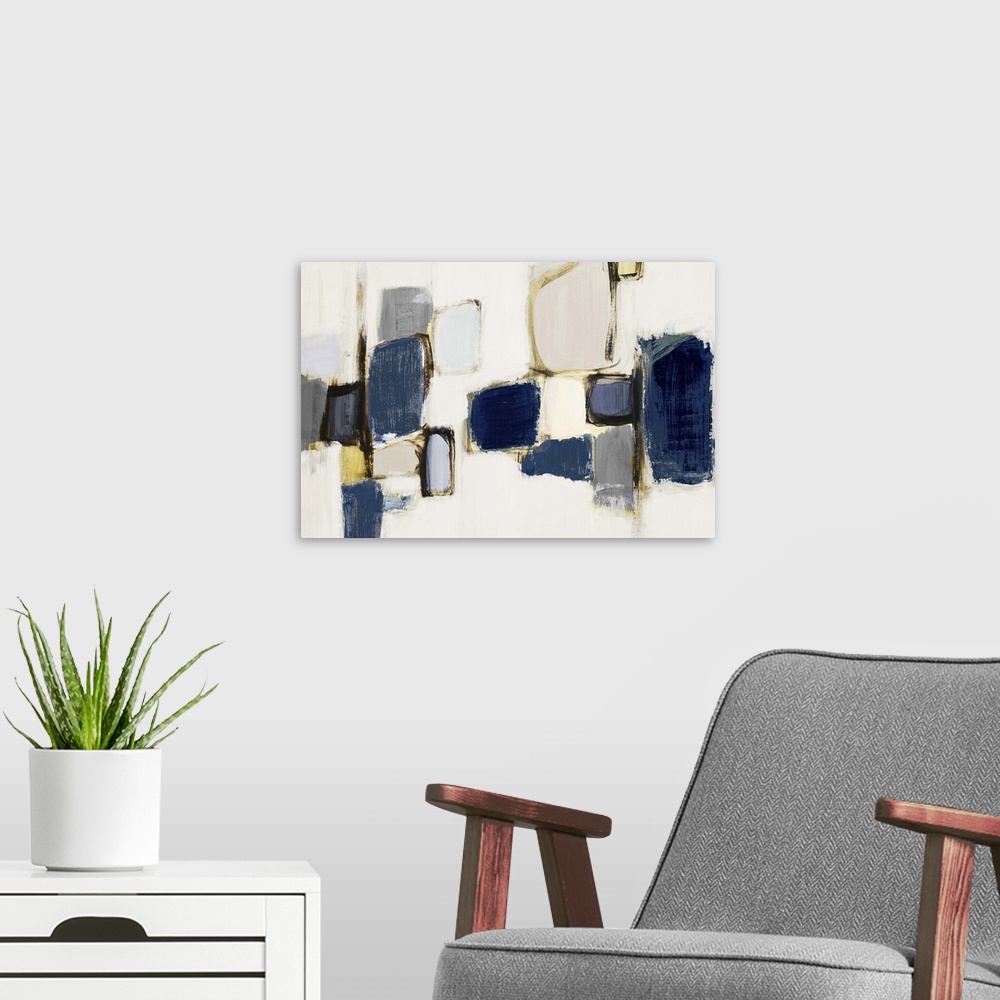 A modern room featuring Contemporary abstract art with dark blue shapes on light grey.