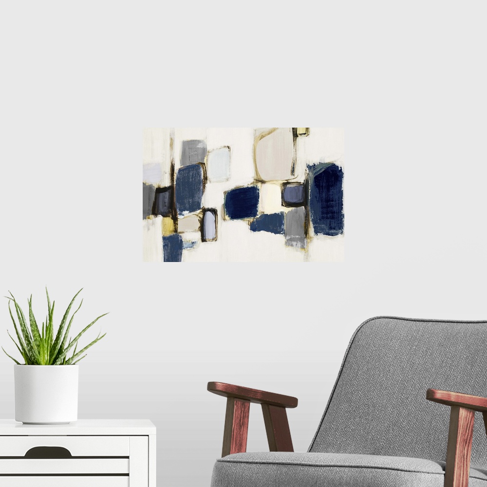 A modern room featuring Contemporary abstract art with dark blue shapes on light grey.