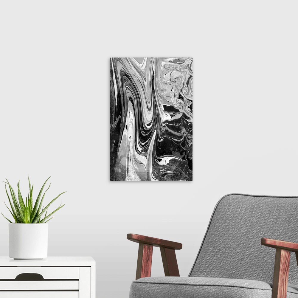 A modern room featuring Black and white marbled artwork.