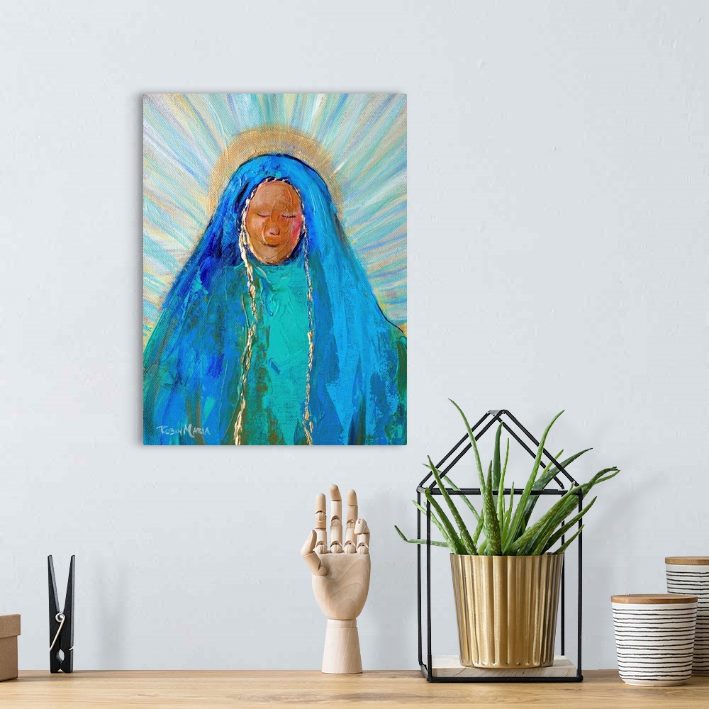 A bohemian room featuring A contemporary painting of mother Mary with a gold halp and colorful sun beams in the background.