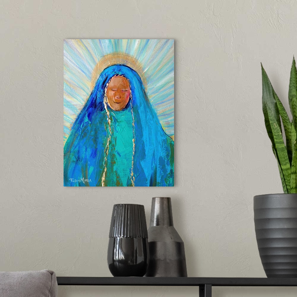A modern room featuring A contemporary painting of mother Mary with a gold halp and colorful sun beams in the background.