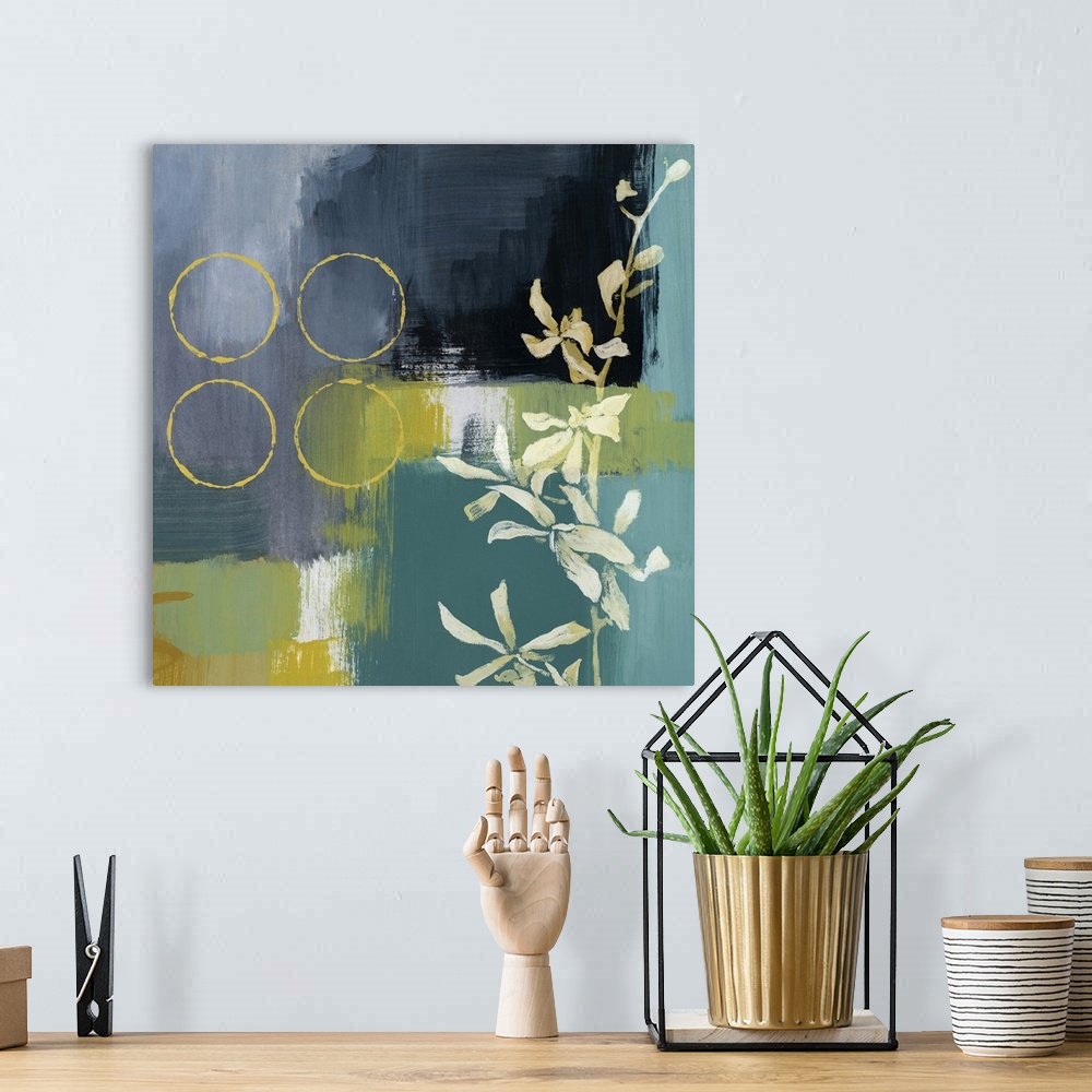 A bohemian room featuring Square, oversized contemporary painting of a single floral branch on a background of various patc...