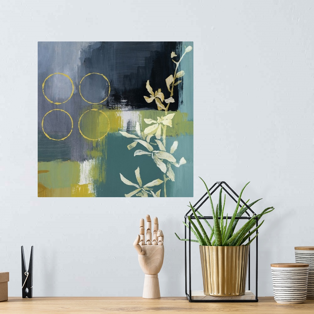 A bohemian room featuring Square, oversized contemporary painting of a single floral branch on a background of various patc...