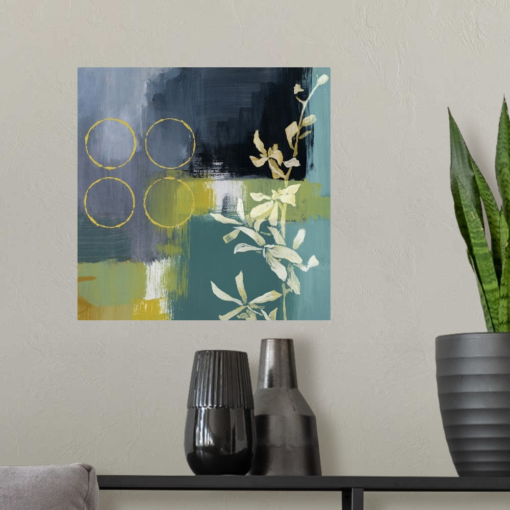 A modern room featuring Square, oversized contemporary painting of a single floral branch on a background of various patc...