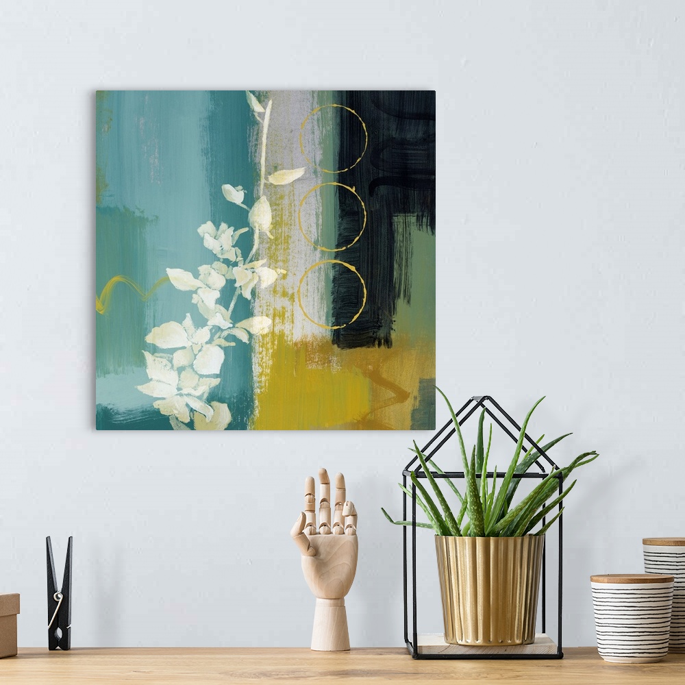 A bohemian room featuring Contemporary painting of flower filled branch with abstract background and three circle outlines.