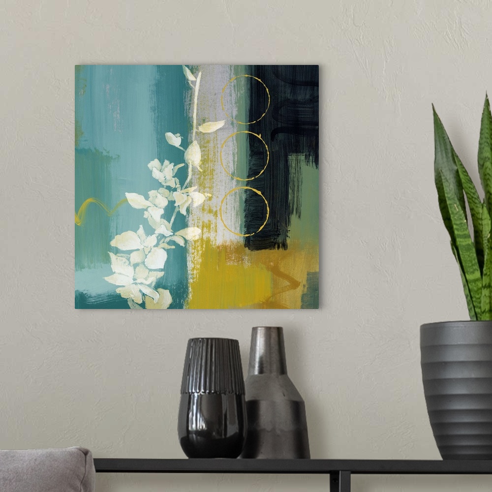 A modern room featuring Contemporary painting of flower filled branch with abstract background and three circle outlines.