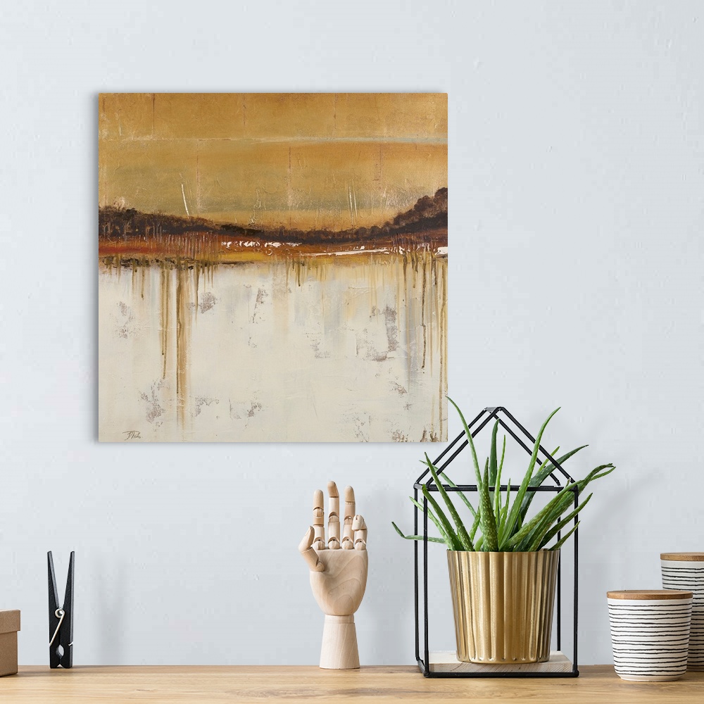 A bohemian room featuring This is an abstract painting that uses earth tones to create layers of color and textures in this...