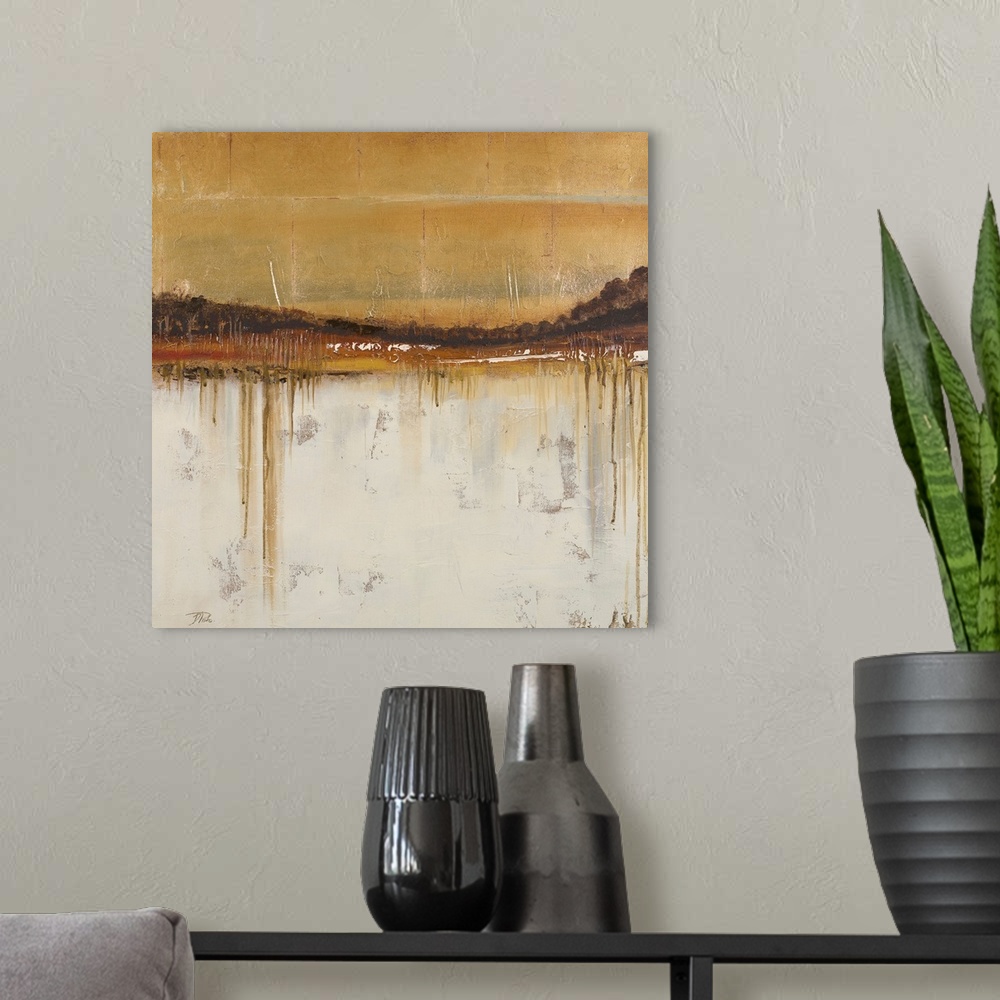 A modern room featuring This is an abstract painting that uses earth tones to create layers of color and textures in this...