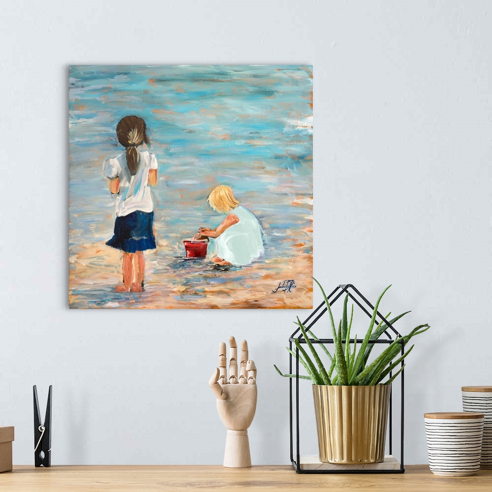 A bohemian room featuring Contemporary artwork featuring two children playing on the shore.