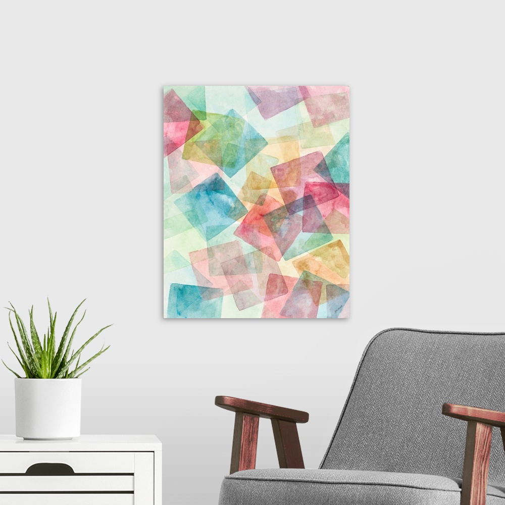 A modern room featuring A contemporary watercolor painting of colorful geometric square shapes merging together.