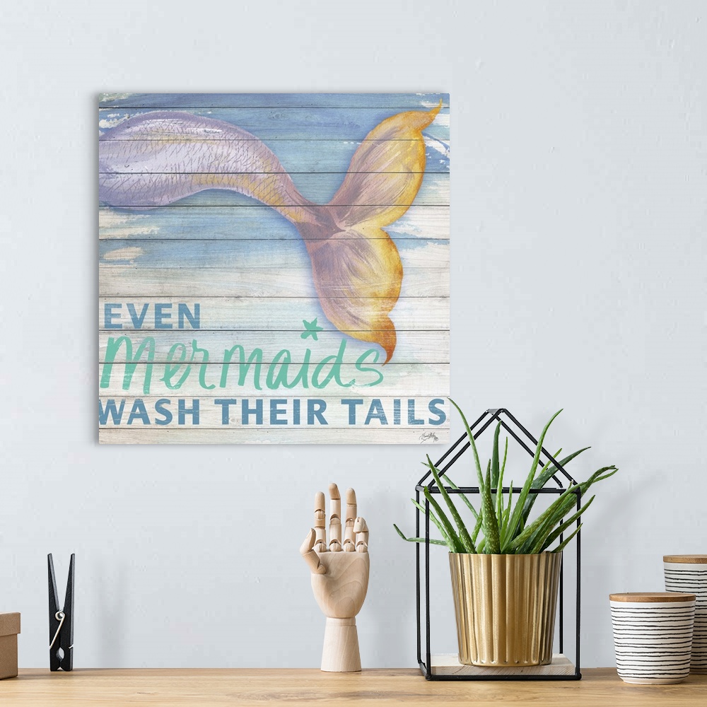 A bohemian room featuring "Even Mermaids Wash Their Tails" bathroom wall art.