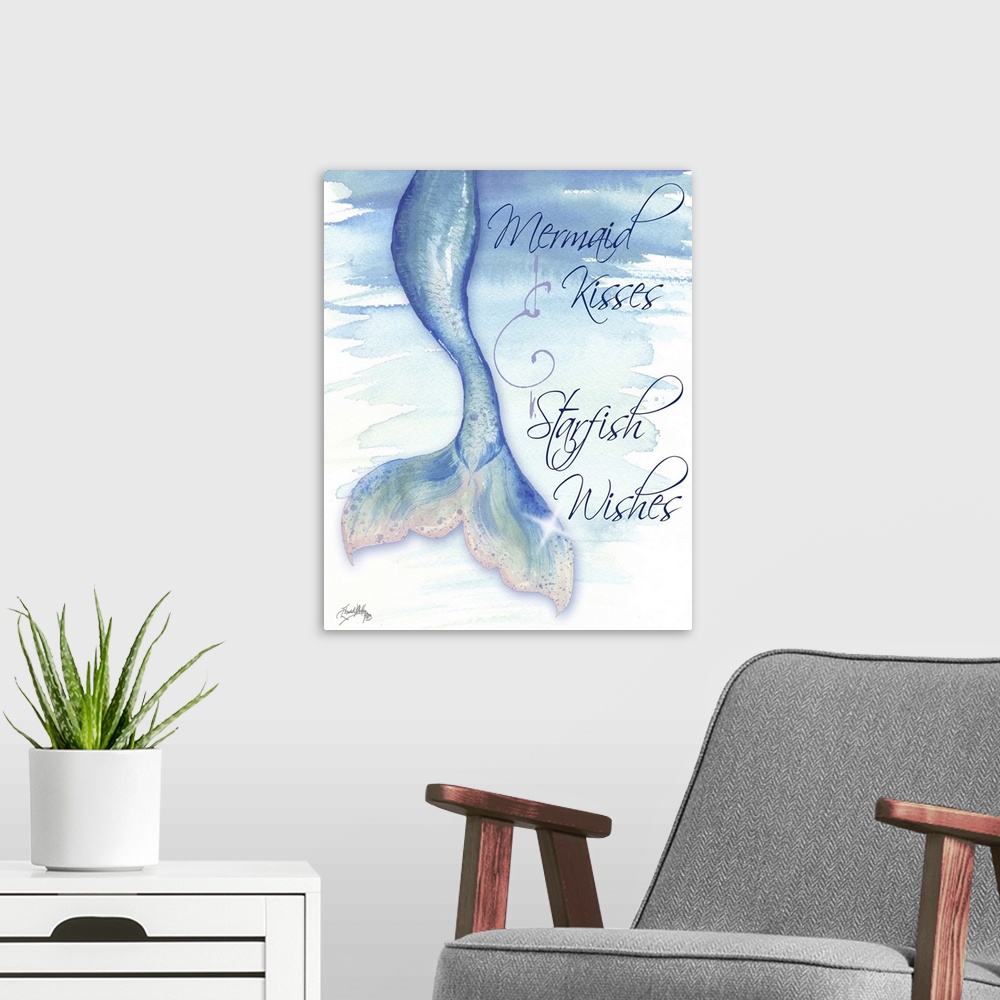 A modern room featuring "Mermaid Kisses and Starfish Wishes" with a watercolor painting of a mermaid tail.