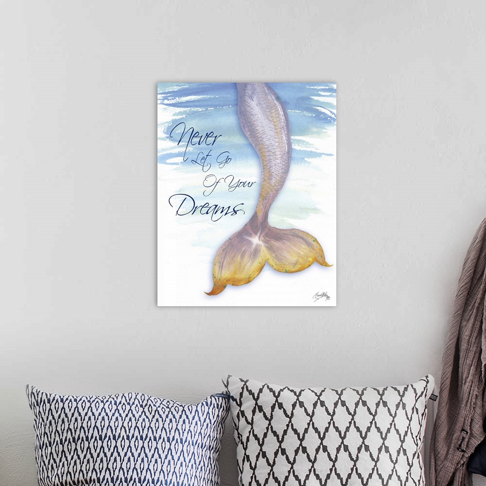 A bohemian room featuring "Never Let Go Of Your Dreams" with a watercolor painting of a mermaid tail.