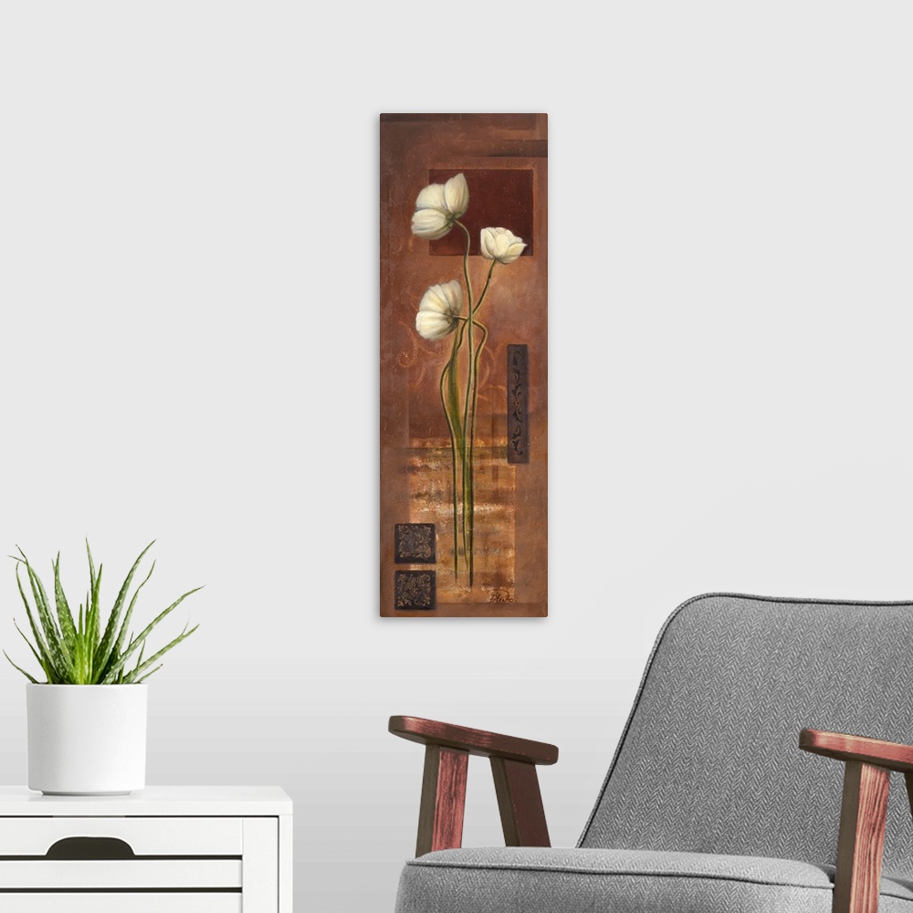 A modern room featuring Original Size: 12x37"; mixed media on canvas