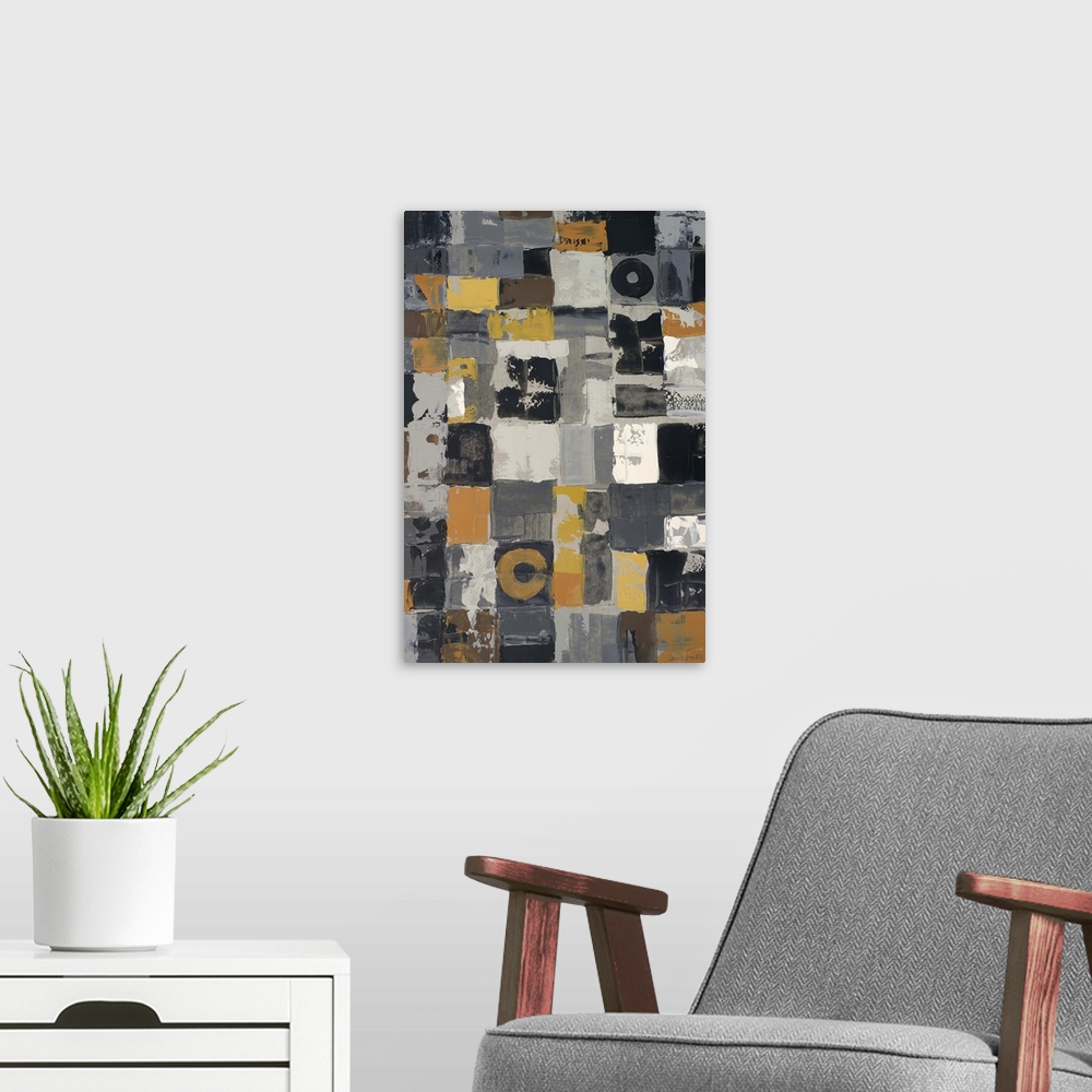 A modern room featuring Urban abstract in orange and grey shades, made of patchwork squares.